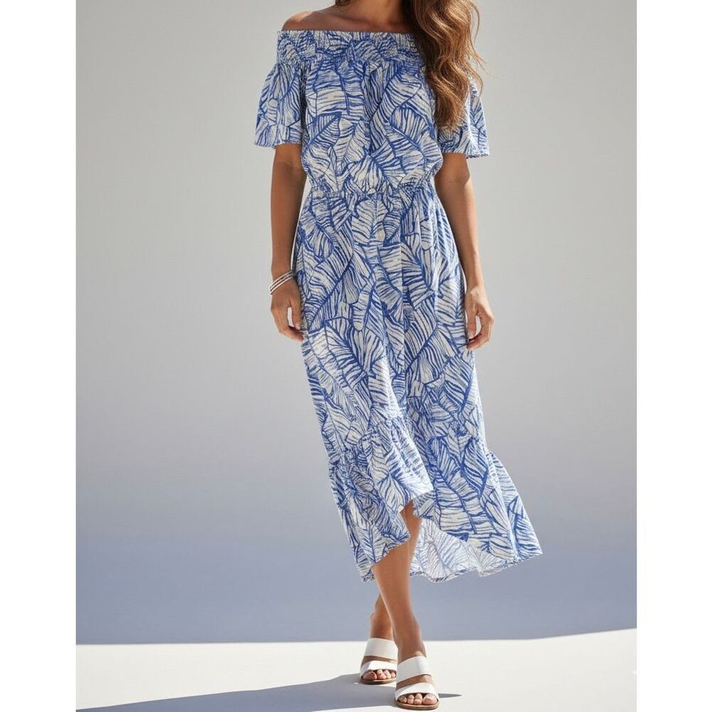 VINEYARD VINES Dress Banana Leaf High Low off shoulder White Blue‎ sz 4